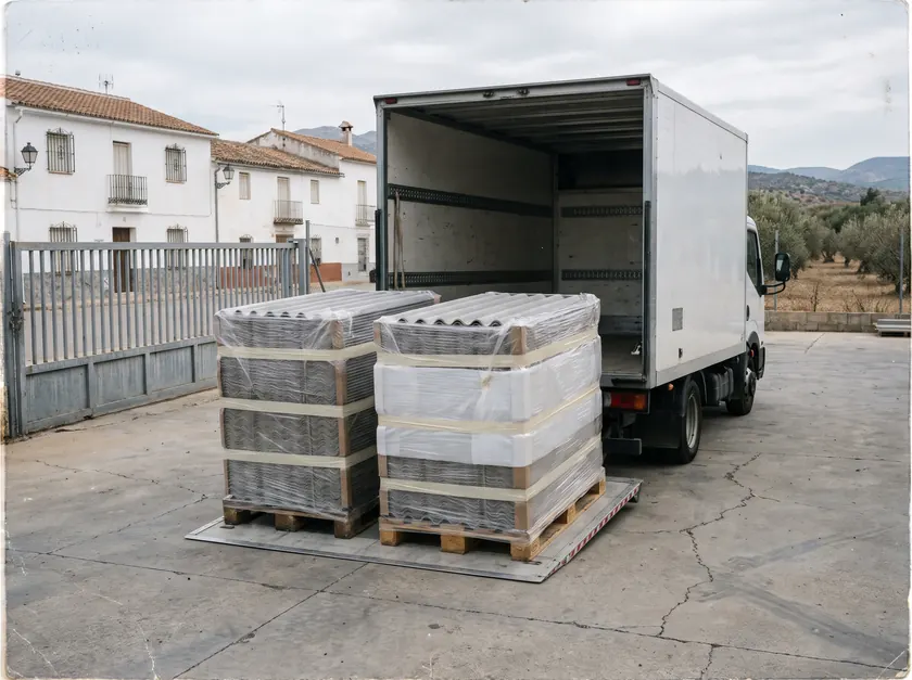 Palés de placas de fibrocemento envueltas en plástico junto a un camión (imagen generada con IA)