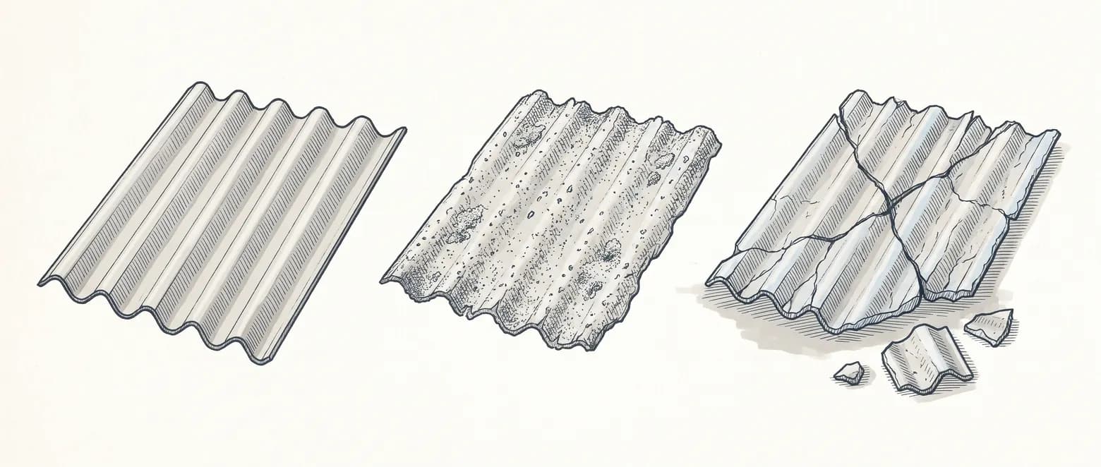 Dibujo de tres placas onduladas: entera, desgastada con líquenes y rota con trozos sueltos